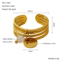 Adjustable multilayer stainless steel ring with 18K gold plating and white glass bead - Adjustable Open / White