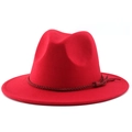 Classic red wide brim fedora hat with a suede fringe tassel band for men and women - M (56-58cm) / Angola Red