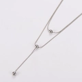 Double-layered silver snake chain necklace with three round metal beads in Y-shape style - Steel