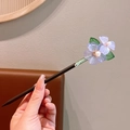 Handcrafted ebony hair stick with purple translucent flowers and green leaves - 21# Cold Floating Cloud