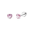 Detail view of pink heart zirconia stud earrings with silver screw back closures - Pink Heart Zirconia
