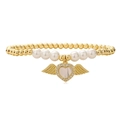 Bracciale a sfere dorate con perle bianche, ciondolo a cuore e ali e zirconi scintillanti - Stile Cuore Ala Conchiglia Bianca (2071YH)
