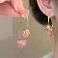 Pink cherry tassel drop earrings with gold leaves and transparent beads for women - Pink Berry Cherry Earring Post Style (A1799)