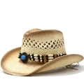Western cowboy straw hat with turquoise turquoise stone and wooden beaded decorative band - Adjustable / Beige Khaki