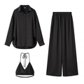 Elegant black 3-piece satin set featuring a long-sleeve shirt, wide-leg pants and halter top - S / Black