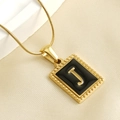 18K gold plated snake chain necklace with black enamel square letter J pendant detail - Letter J