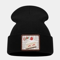 Close-up of black knitted beanie featuring a strawberry cake embroidery patch detail - Style 1-Strawberry Cake