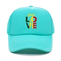 Close-up of turquoise trucker hat showing breathable mesh and colorful one LOVE print - M (56-58cm) / Lake Blue