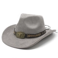 Detail of grey suede cowboy hat with brown leather band and bronze bull head buckle - M (56-59cm) / Gray