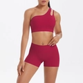Zweiteiliges Yoga-Set für Damen in Weinrot mit One-Shoulder-Sport-BH und hoher Taille Shorts - S / Oberteil Und Unterteil / Karminrot
