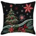 Black linen Christmas pillow cover with embroidered green tree and red floral accents - 45*45cm (Insert Not Included) / Black Heavywork Tree