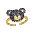 Detail of a gold adjustable bear ring with blue pavé zircons and polished metal finish - Adjustable Open / Blue