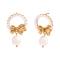 Elegant 18K gold plated bow earrings featuring small pearl halo and waterdrop pearl pendant - Tassel Pearl Bowknot Pendant Stud Earrings (N3307-E7853) / Gold
