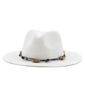 White woven Panama straw hat with a brown beaded leather band for sun protection - M (56-58cm) / White