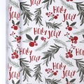 Holly Jolly Christmas wrapping paper roll with red berries and green pine on white kraft - Red Fruit Pine