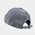 Detail of blue tweed denim miki hat showing weave texture and adjustable metal buckle strap - Dark Blue Woven Texture Style (Color #7)