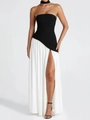Elegant strapless maxi dress with black bodice and high-slit white skirt for women - S / Black and White