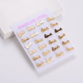 Set of 12 pairs stainless steel LOVE letter stud earrings in gold silver and black tones - 12 Pairs Set / Gold