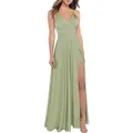 Robe longue élégante vert sauge à col en V avec fente haute et plis à la taille pour soirée - US 14 / Haut Et Bas / Vert matcha