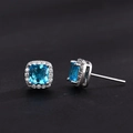 Mens square sapphire blue stud earrings with shimmering halo diamonds in silver finish - Blue (Single)