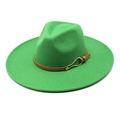 Detailed close-up of wide brim green wool fedora with brown leather band and gold buckle - M / Grass Green