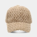 Detailed view of a beige fuzzy baseball cap featuring a unique wave texture pattern. - Adjustable / Khaki
