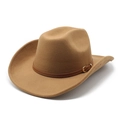 Detail of wide-brim western cowboy hat with brown leather band and gold buckle - M (56-58cm) / Khaki
