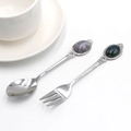 Vintage silver metal spoon and fork set with purple and green gemstone handles - Spoon / India Agate