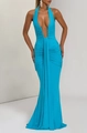 Elegant bright blue pleated floor-length dress with a sexy deep V-neck halter design - Teal