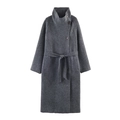 Women's dark gray wool coat with standing collar and waist belt on white background - S / Gray