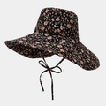 Detailed close-up of a floral wide-brim sun hat with adjustable chin strap and bow - Black Pink Floral (Color 3#)