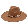 Detail of camel wool fedora hat featuring a chunky rose gold acrylic chain decoration - Adult (57-60cm) / Khaki