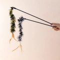 Interactive cat teaser wands with green and grey feathers on black plastic rods - Colorful Hair Strip