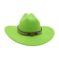 Neon green felt cowboy hat with brown leather band and metallic bull head emblem - Grass Green