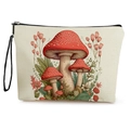 Pochette per cosmetici in tela con stampa di funghi rossi e cerniera nera - Motivo a Fungo Rosso con Boccioli Rosa (Stile 1)