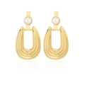 Vintage golden U-shaped drop earrings with pearl studs and vertical texture design - Gold with Pearl