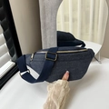 Dark blue denim waist bag for women featuring golden zippers and adjustable strap - Waist Bag Only / Navy Blue