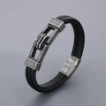 Men's braided black leather bracelet with vintage silver magnetic metal buckle - Oxidized Black (Style C)