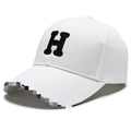 White baseball cap with black embroidered H letter and distressed brim for outdoor style - Adjustable / White (H Letter)