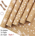 Umweltfreundliches Kraft-Weihnachtsgeschenkpapier-Set mit Schneeflocken und Rentieren - Gemischtes 5-Blatt-Set / 43x100cm/Rolle (Mit Schnur & Klebeband)