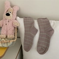 Morandi purple cotton mid-calf socks with light green stripes on white pillow - One Size / Taro Purple