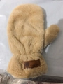Winter khaki fleece mittens with bear label and thick plush lining for warmth - Rabbit Fur Leather Tag / Apricot