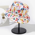 White reversible bucket hat with colorful mushroom print on a minimalist display stand - M (56-58cm) / 25# White Cute Mushroom