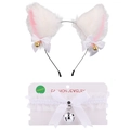 White faux fur cat ear headband and lace choker set with golden bells and pink ribbon - Cat Ear Headband + Lace Choker Set / White