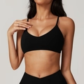 Sleek black recycled quick-dry yoga bra with thin straps and V-cross high waist leggings - Premium Black