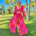 Bikiniset met lange mouwen, V-hals en bloemenprint met lange rok met hoge split taille - S / Set met Lange Mouwen
