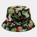 Close-up of strawberry and butterfly floral print on black canvas bucket hat fabric - Black Base Strawberry Butterfly Print (4# Color)