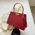 Red leather crossbody square bag with gold hardware and top handle for women - Red