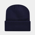 Detailaufnahme der dunkelblauen Beanie mit grobem Rippstrickmuster und breitem Umschlag - Marineblau