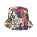 Detail of colorful graffiti print and reinforced stitching on reversible bucket hat - 58cm / Style N-Multi-color Art Graffiti